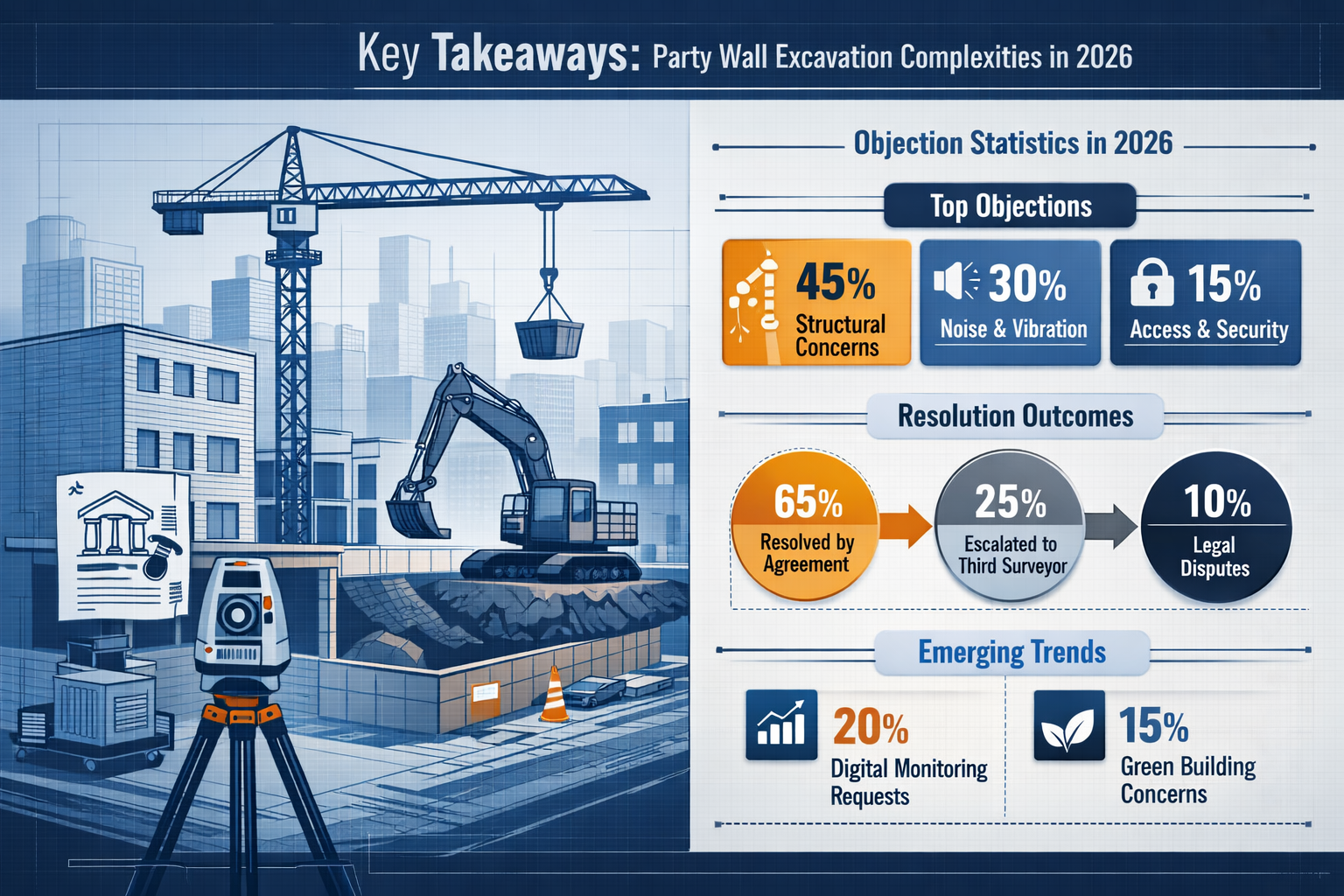 Infographic-style visual for 'Key Takeaways' section depicting party wall excavation complexities in 2026. Split-screen