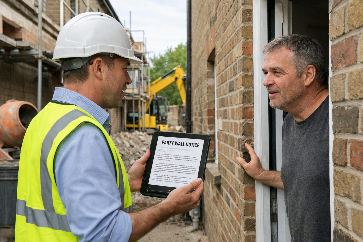 () scene showing professional party wall surveyor in hard hat and high-visibility vest conducting site inspection between