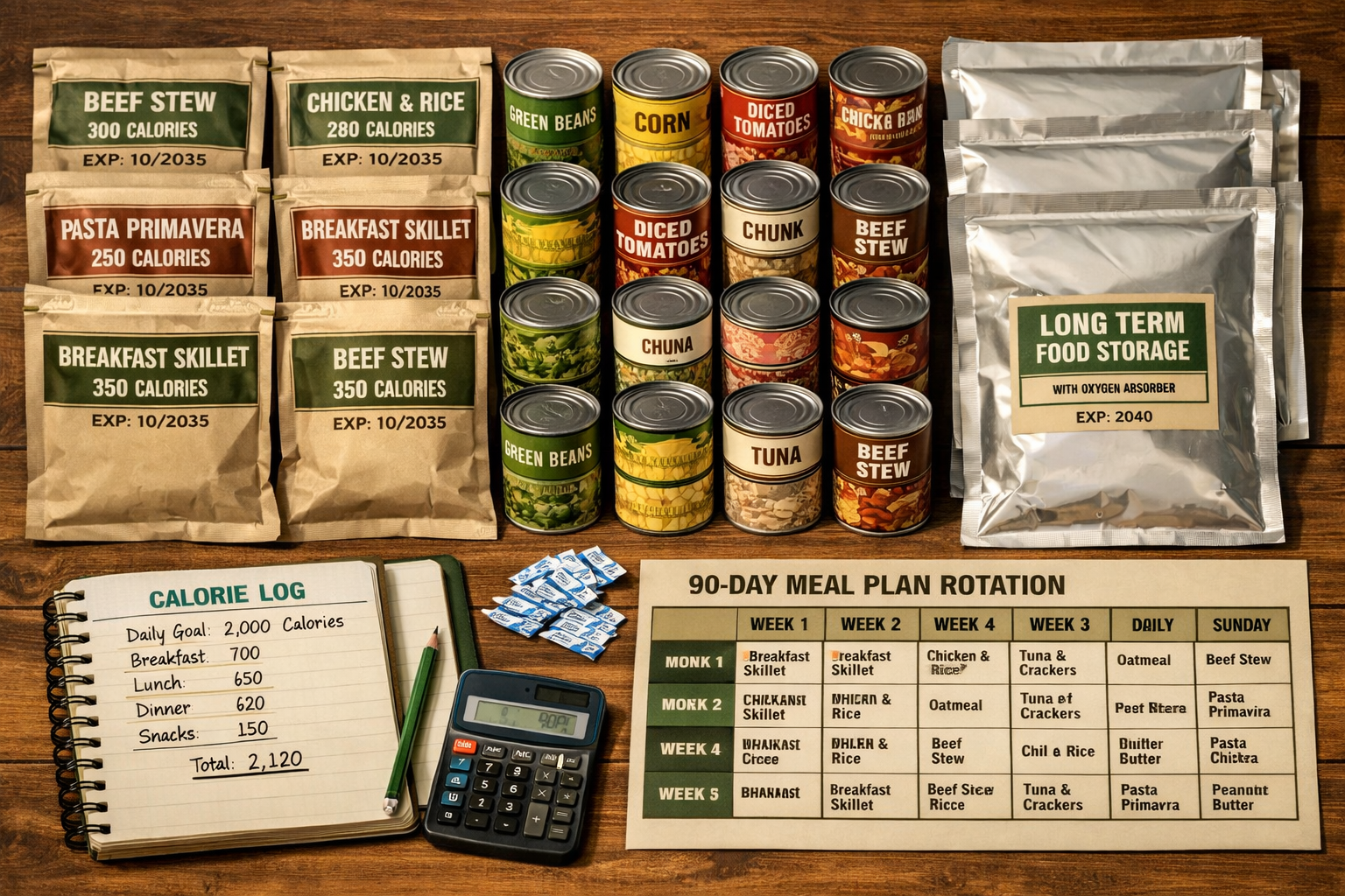 Detailed () editorial illustration showing a flat-lay overhead view of a 3-month emergency food supply spread across a