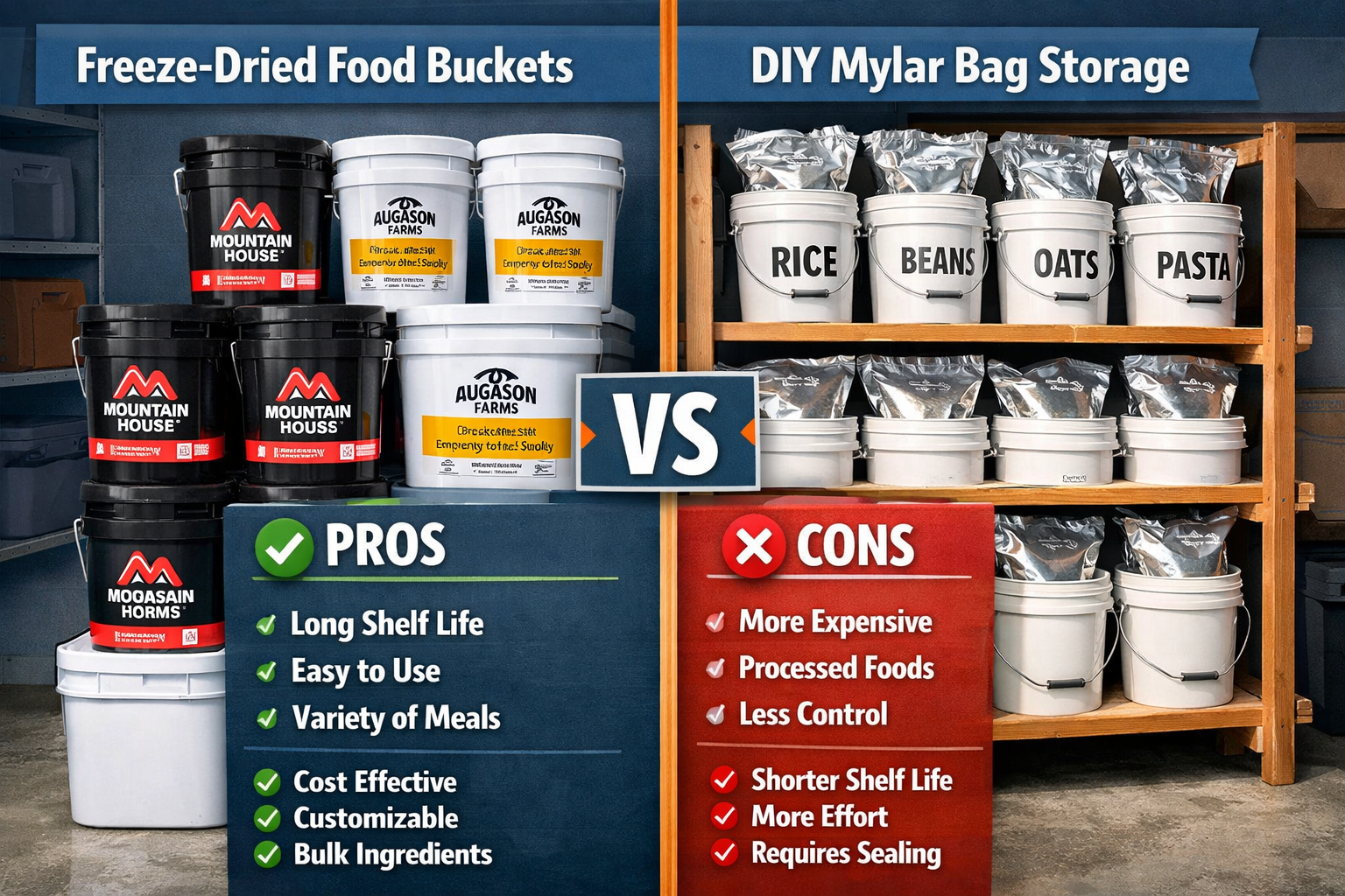 Detailed () showing a side-by-side comparison infographic style image of emergency food storage options: left side shows