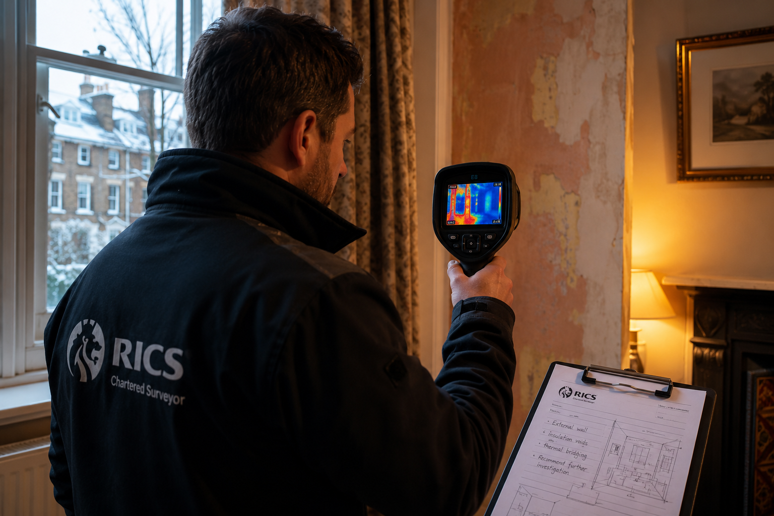Detailed () showing a RICS chartered surveyor using a handheld thermal imaging camera pointed at the interior wall of a UK