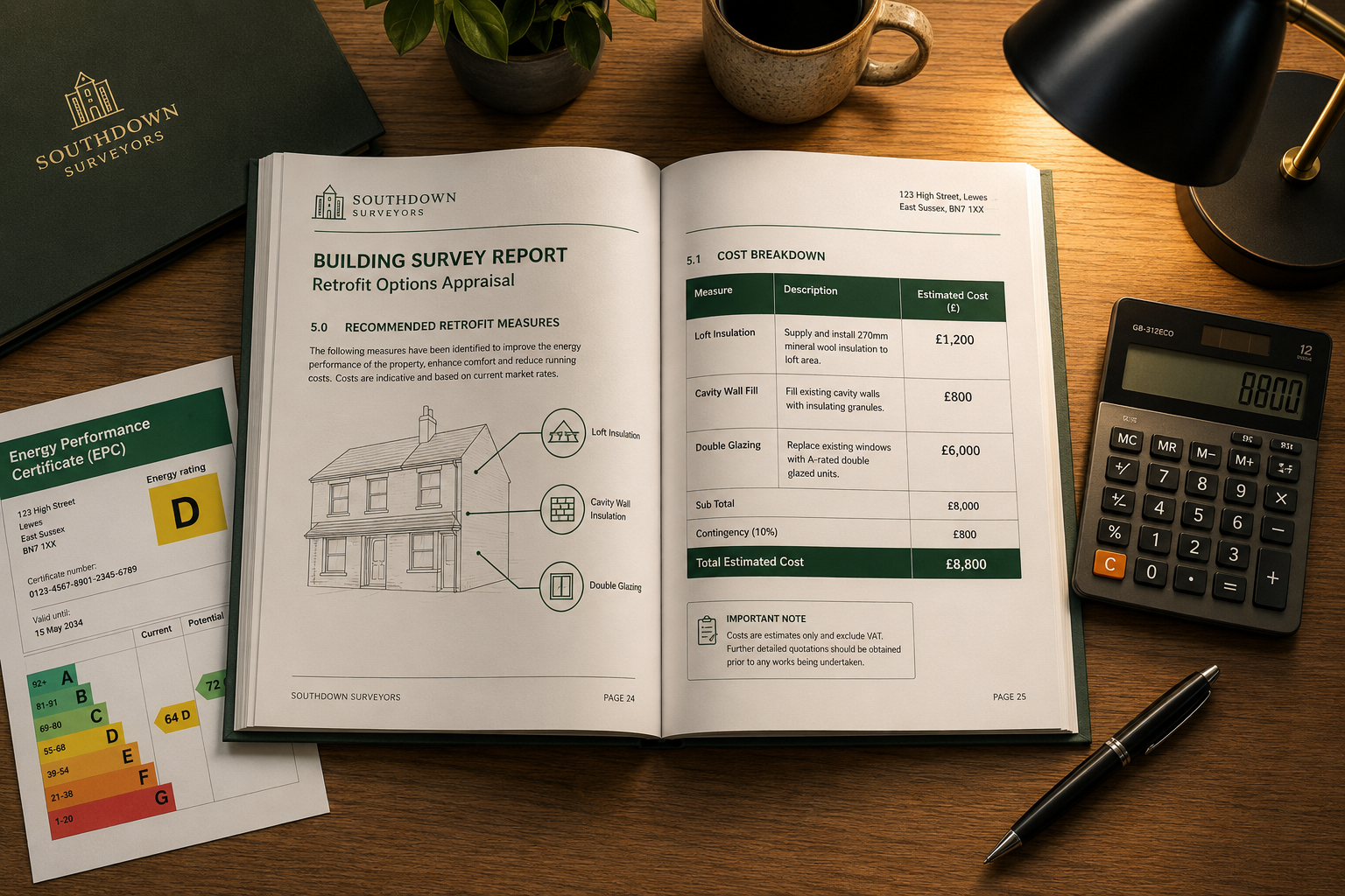 () flat-lay overhead shot of a professional UK building survey report spread open on a oak desk, showing a detailed cost