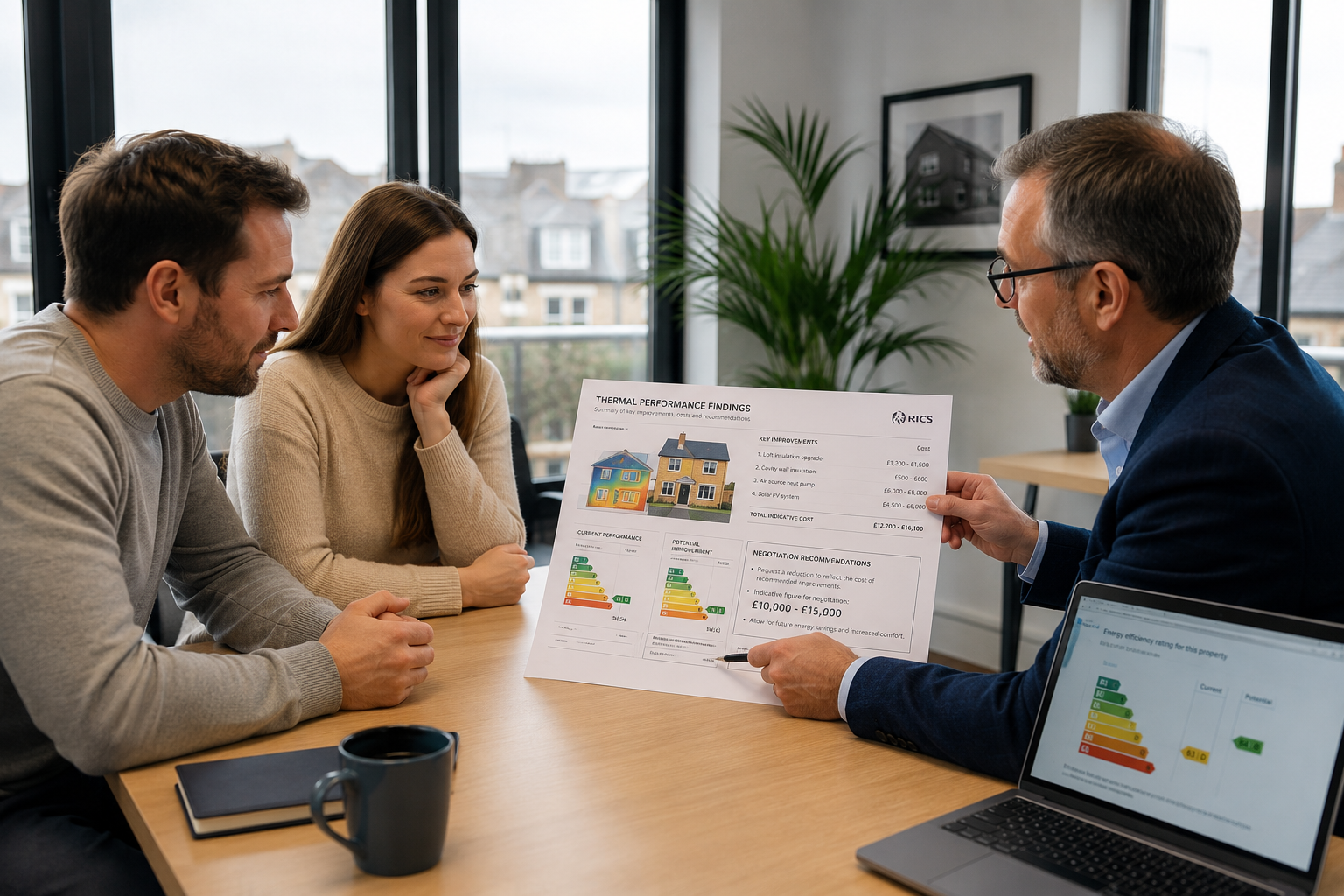 () wide-angle shot of a UK property buyer couple sitting across a desk from a chartered surveyor in a bright modern office,