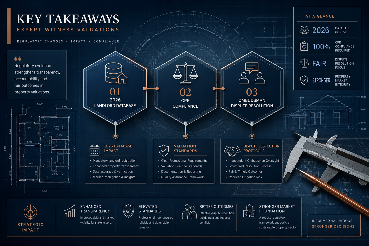 Key Takeaways visual summary infographic for Expert Witness Valuations, featuring a landscape-oriented design with