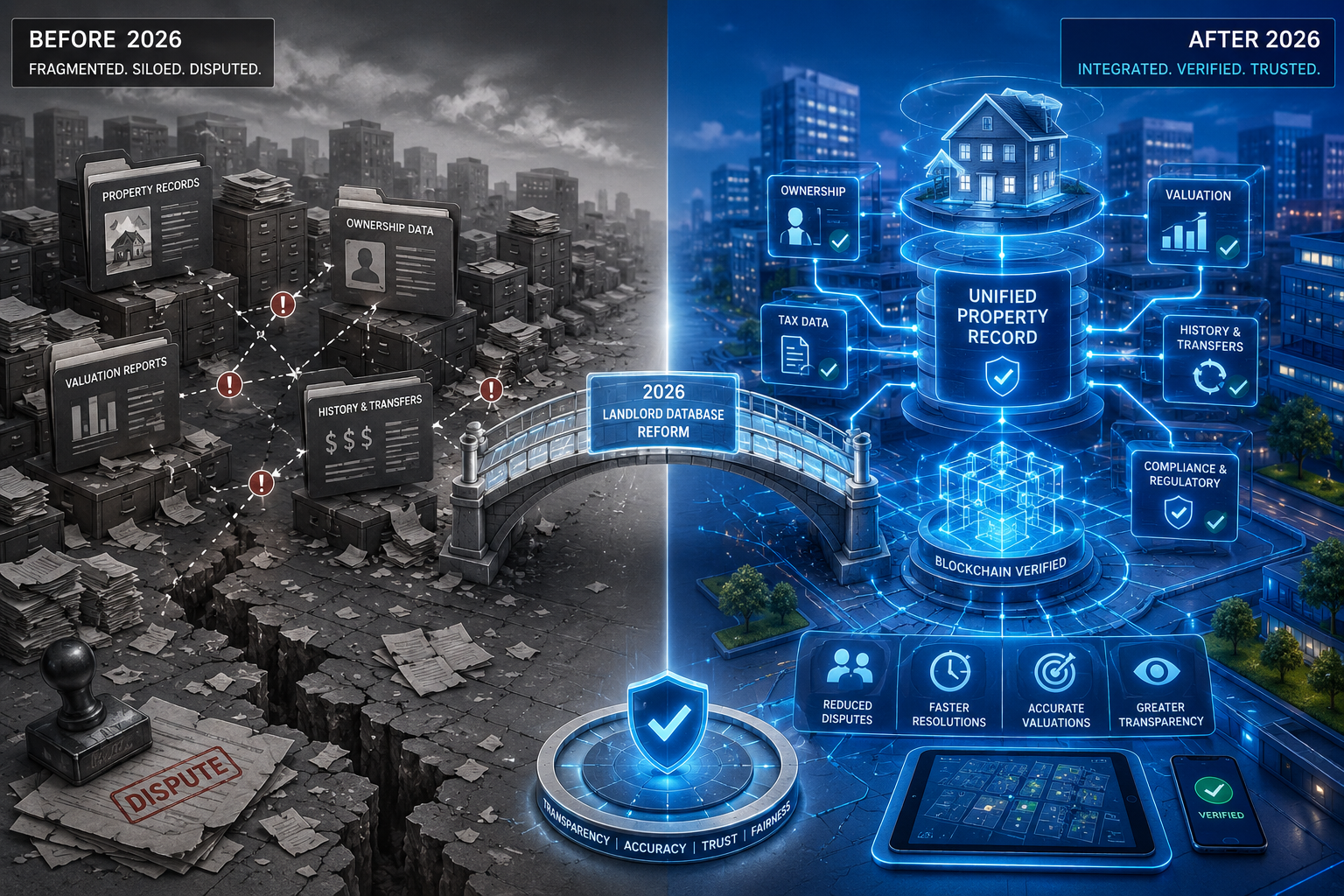 Conceptual illustration depicting the transformative impact of 2026 Landlord Database changes on property valuation