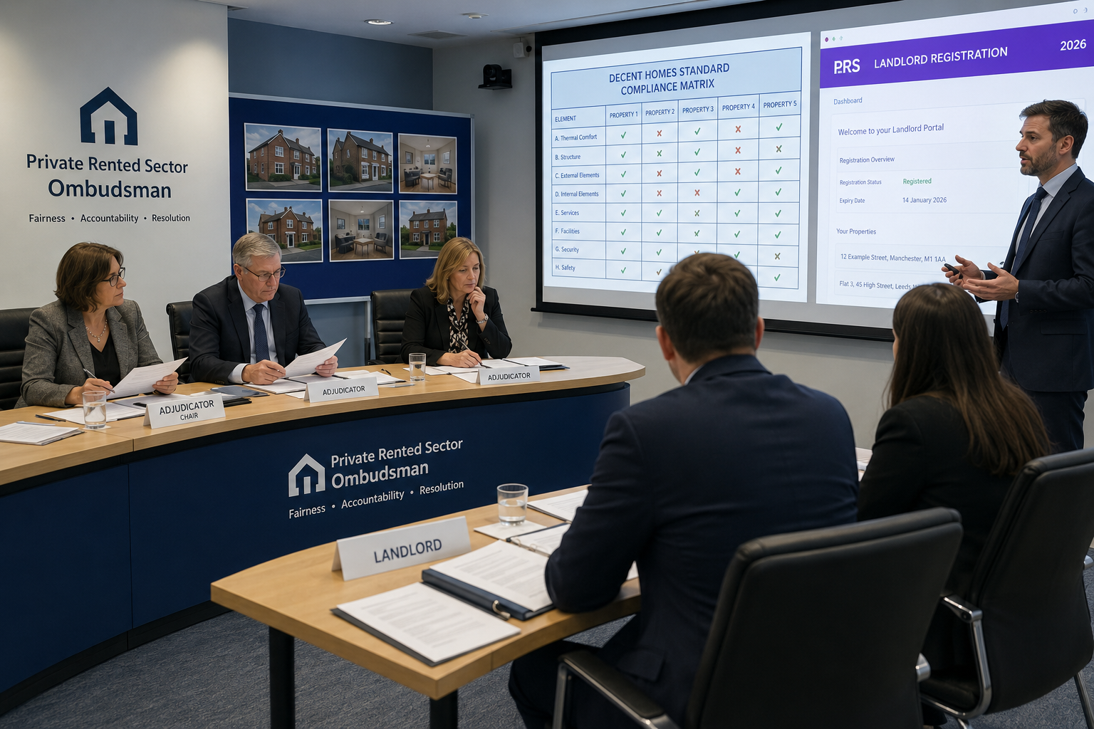 () wide-angle view of a Private Rented Sector Ombudsman dispute resolution session in a neutral mediation room: a panel of