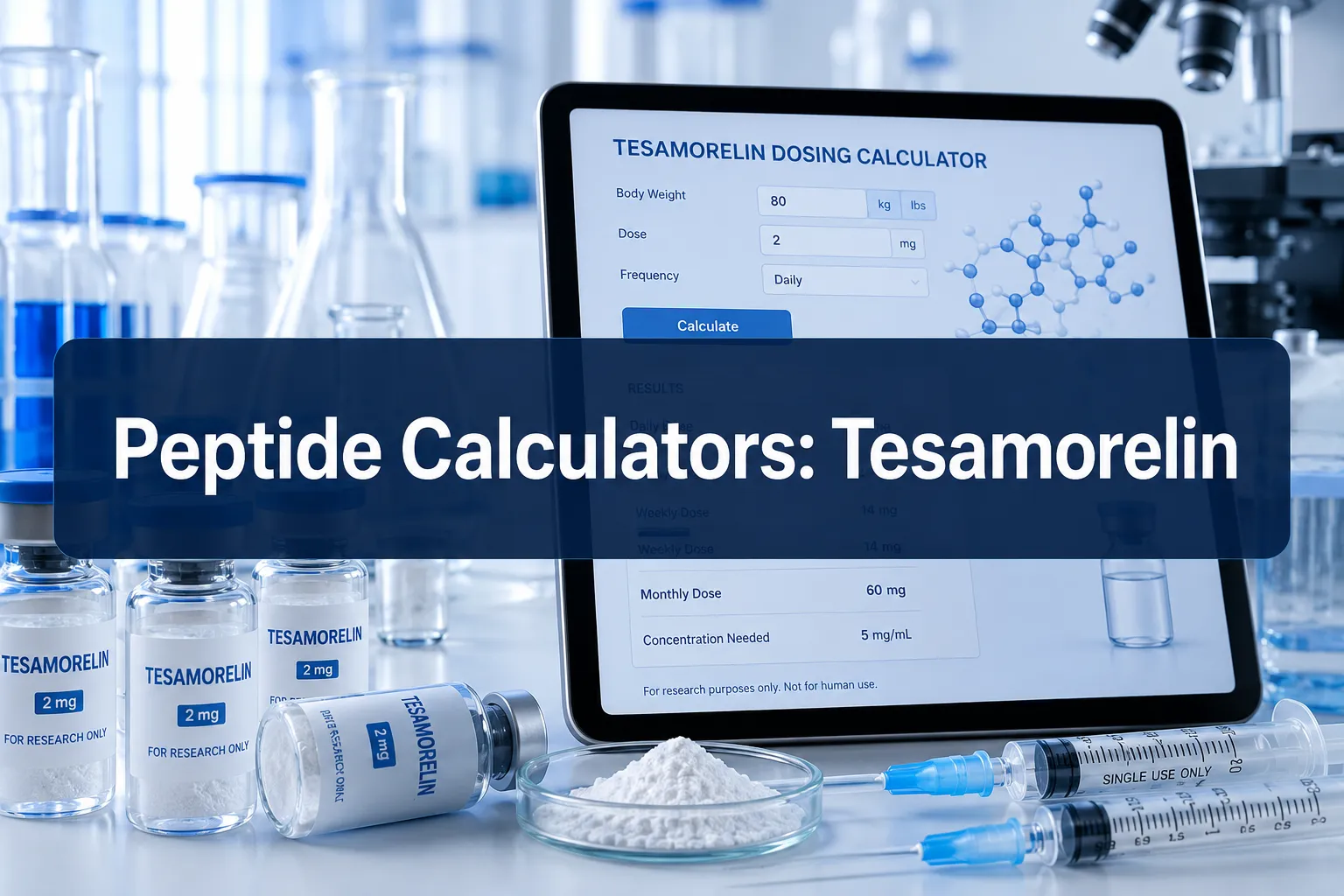 Professional () hero image with (≤42 chars): 'Peptide Calculators: Tesamorelin' in crisp white on a deep navy