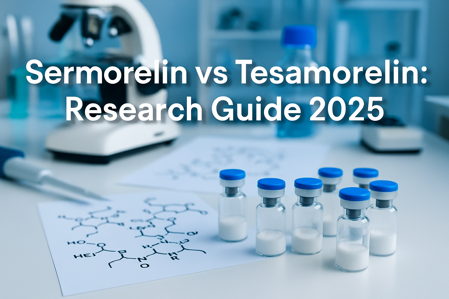 Professional landscape hero image (1536x1024) with bold text overlay 'Sermorelin vs Tesamorelin: Research Guide 2025' in 70pt white sans-ser