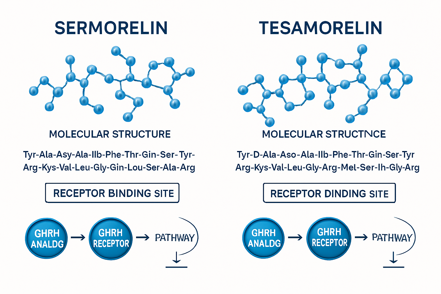 Scientific comparison infographic showing molecular structures of serm and tesa side by side, with labeled amino acid sequences
