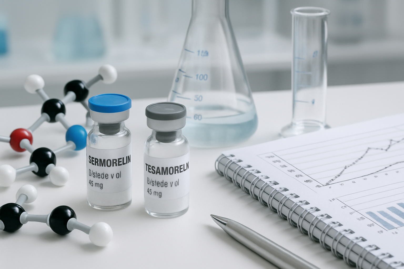 Laboratory research scene showing peptide vials labeled with serm and tesa, scientific measuring equipment, research notebooks 