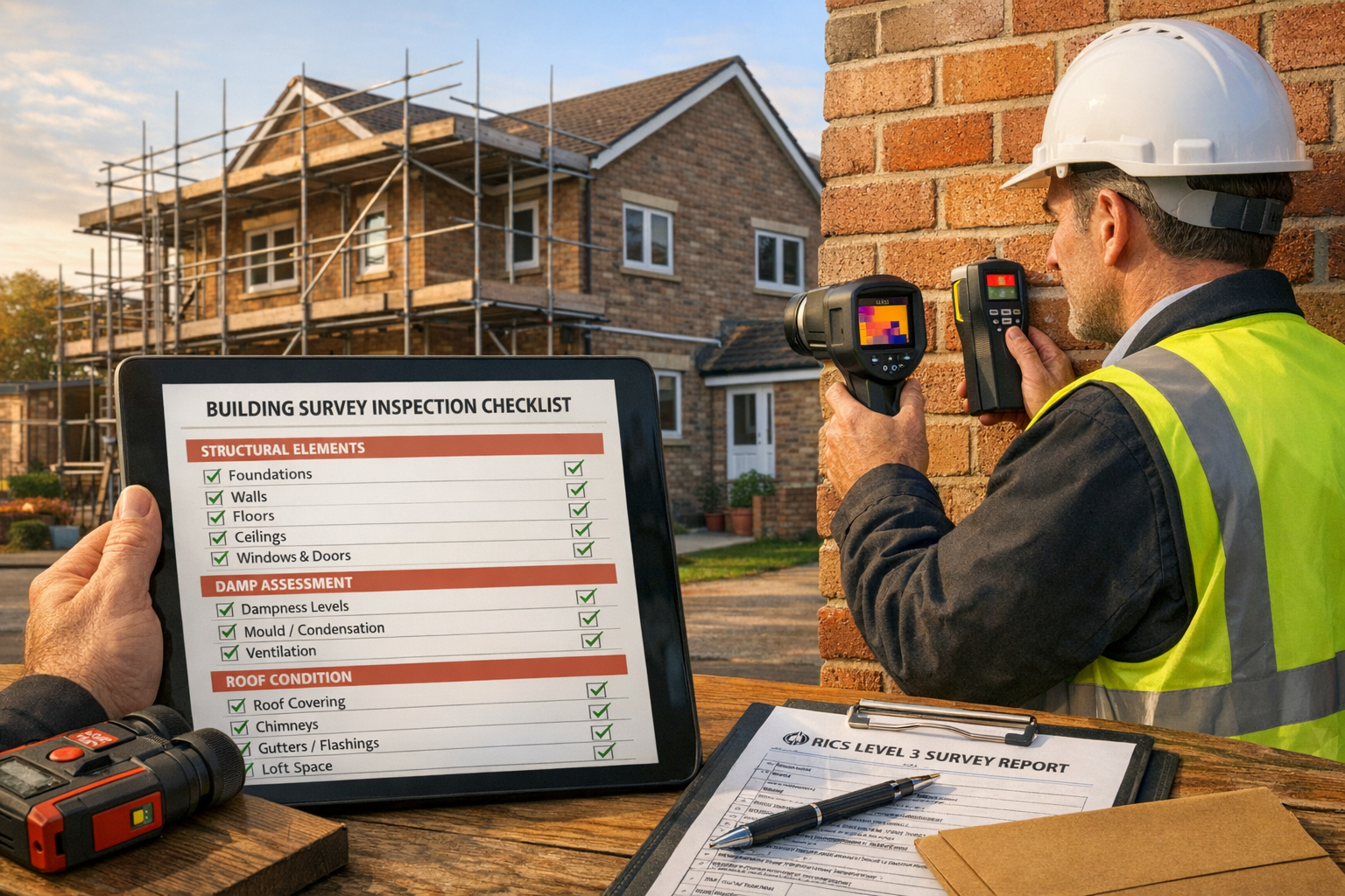 Detailed landscape format (1536x1024) image showing comprehensive building survey inspection checklist being completed on digital tablet at