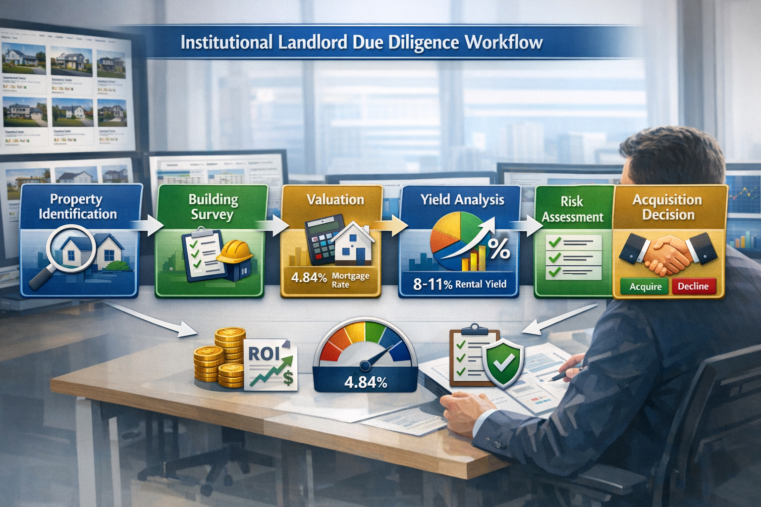 Landscape format (1536x1024) infographic-style image displaying institutional landlord due diligence workflow diagram with interconnected as