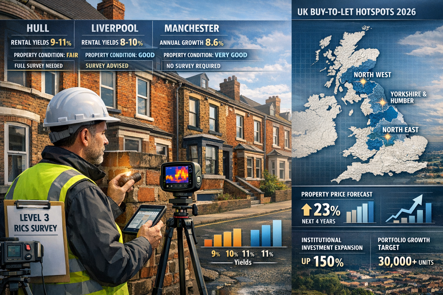Detailed landscape format (1536x1024) comparative visualization showing UK regional buy-to-let investment hotspots for 2026 with data overla