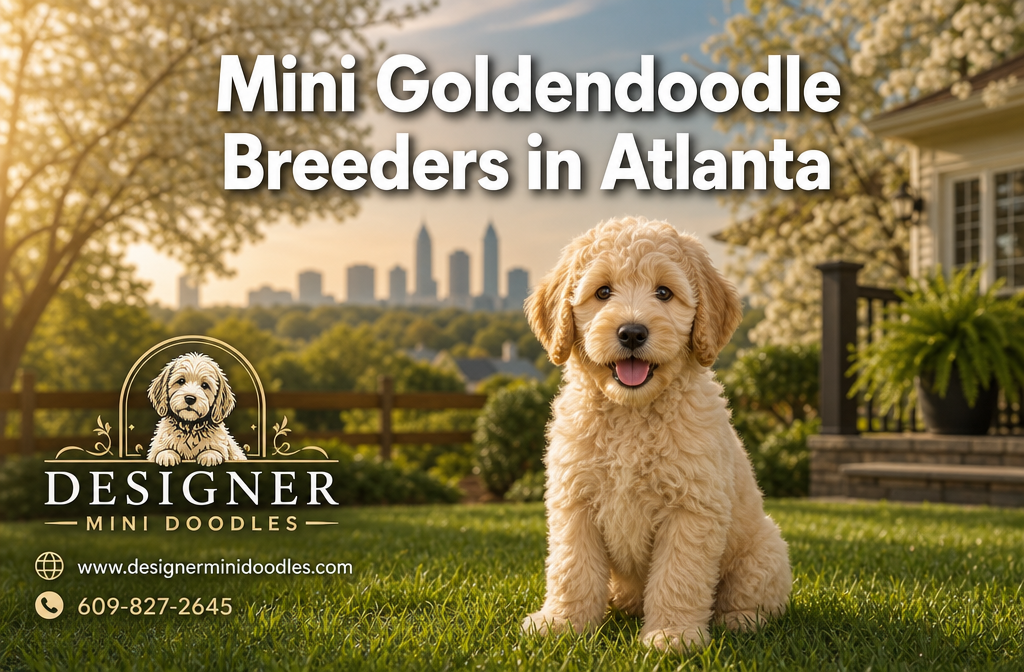 Professional () hero image with : 'Mini Goldendoodle Breeders in Atlanta' in white with subtle dark , centered in upper