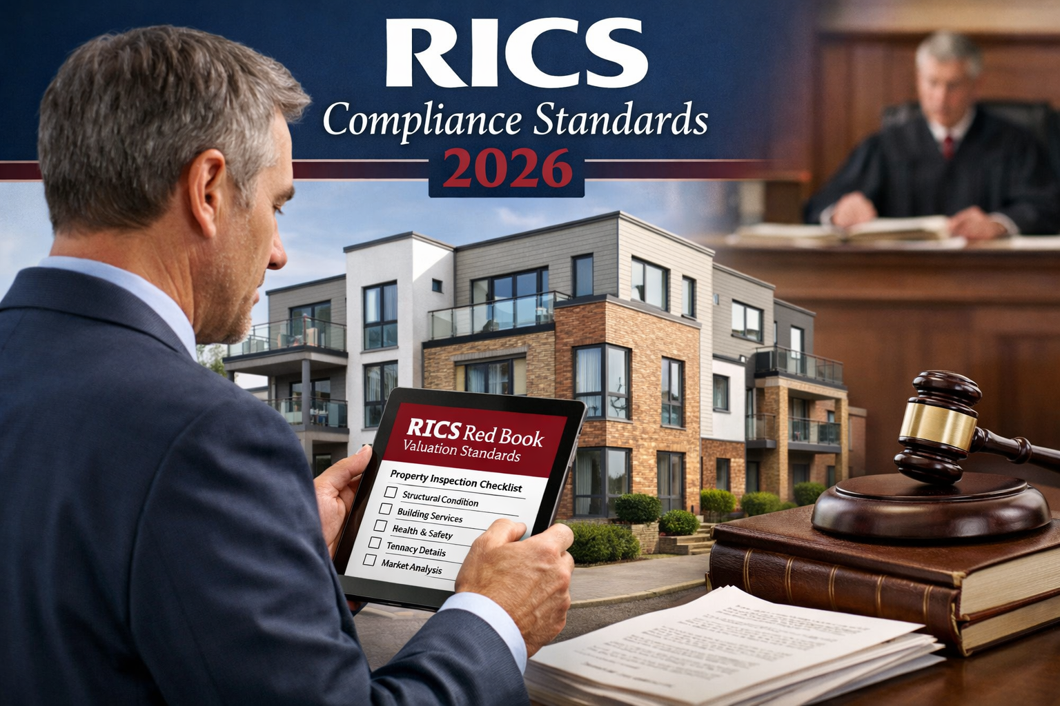 Landscape format (1536x1024) professional composition showing RICS expert witness conducting portfolio valuation assessment: foreground feat