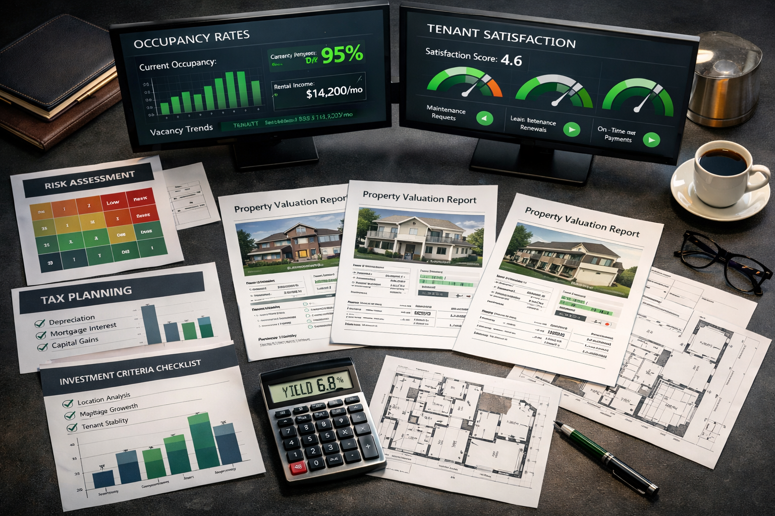 Landscape format (1536x1024) strategic planning visualization for buy-to-let portfolio optimization: central focus on professional desk setu