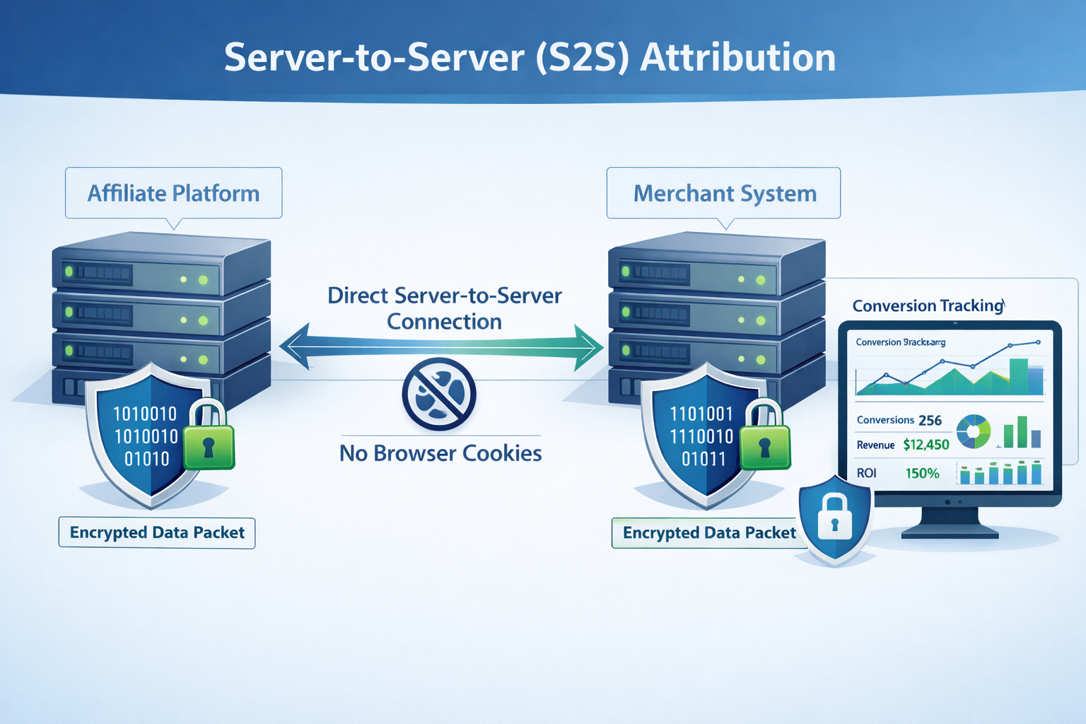 () detailed illustration showing server-to-server (S2S) attribution workflow diagram with two servers exchanging encrypted