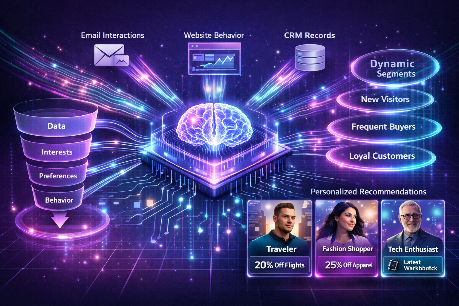 () visualization of AI-powered personalization engine with multiple data input streams (email interactions, website