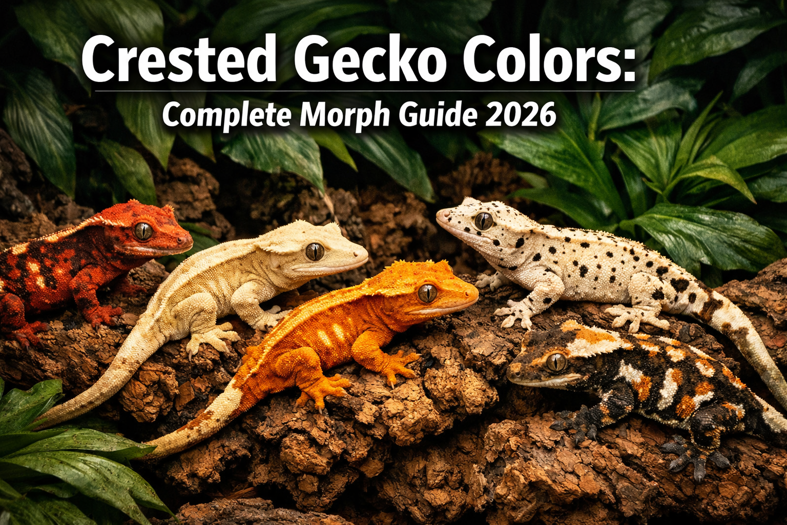 Professional landscape format (1536x1024) hero image featuring bold text overlay 'Crested Gecko Colors: Complete Morph Guide 2026' in extra