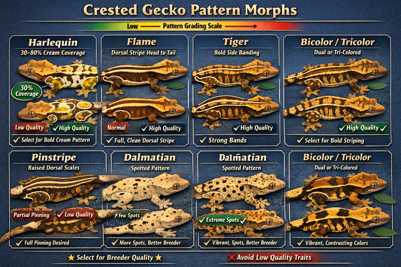 Landscape format (1536x1024) visual guide to crested gecko pattern morphs featuring side-by-side comparison of harlequin (30-80% cream/white
