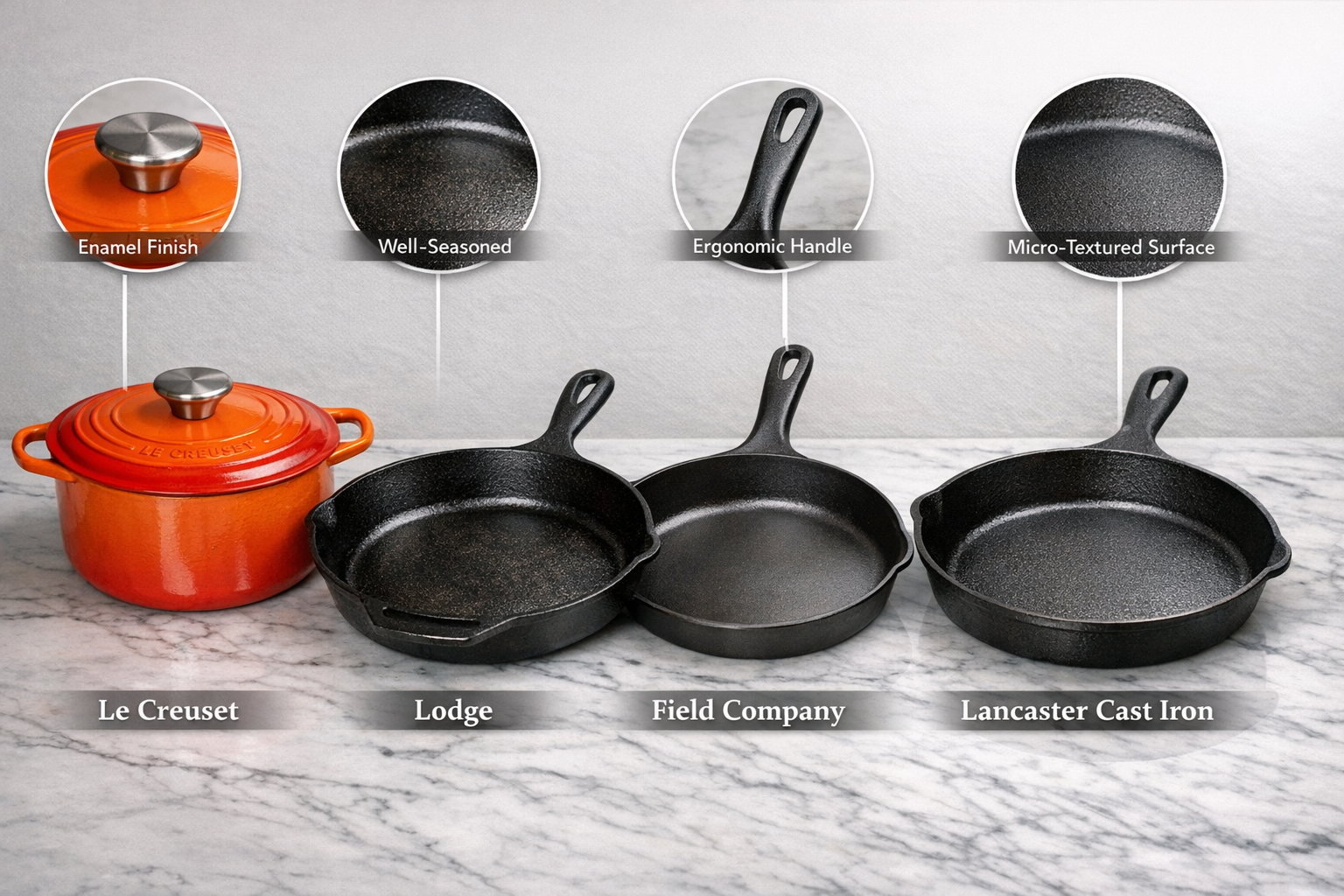 Detailed landscape format (1536x1024) image showing side-by-side comparison of premium cast iron brands including Le Creuset enameled Dutch 