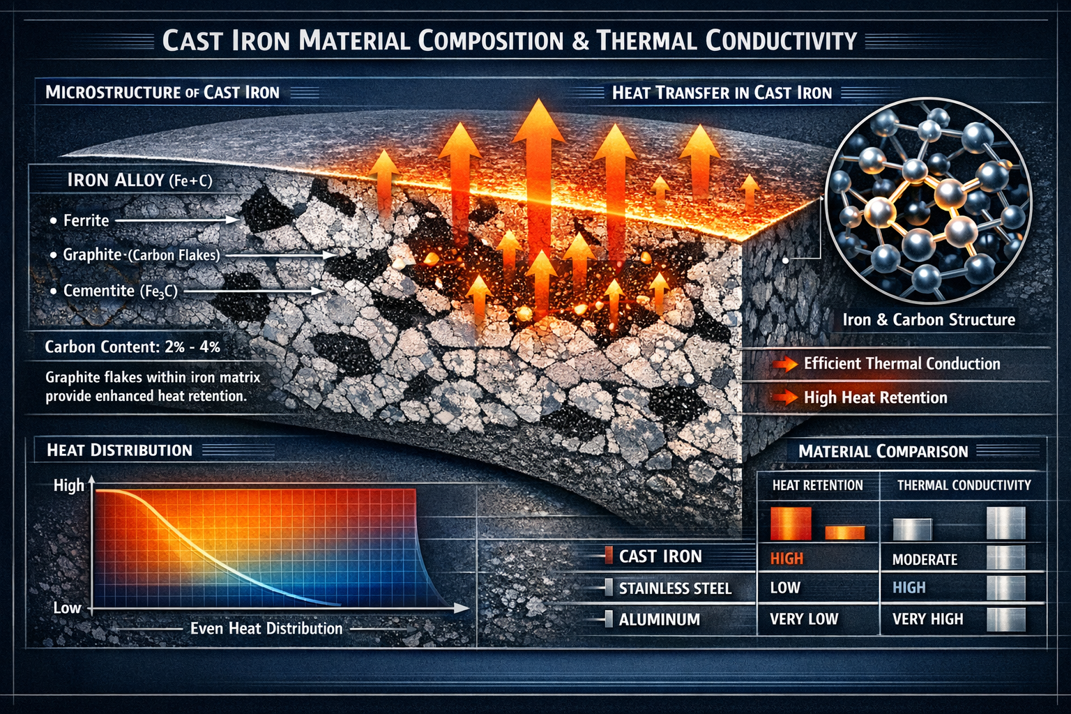 Detailed cross-section infographic explaining cast iron material composition, highlighting molecular structure and thermal conductivity. Sho