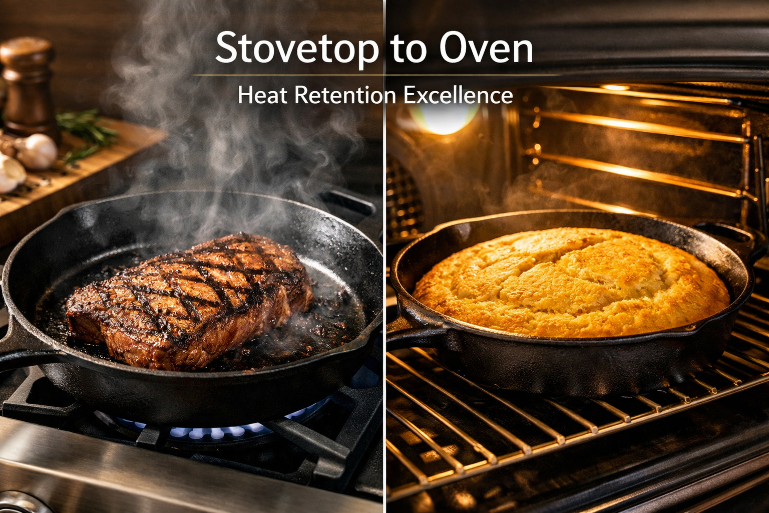 Detailed landscape format (1536x1024) image of cast iron skillet on stovetop with perfect seared steak showing beautiful crust and grill mar