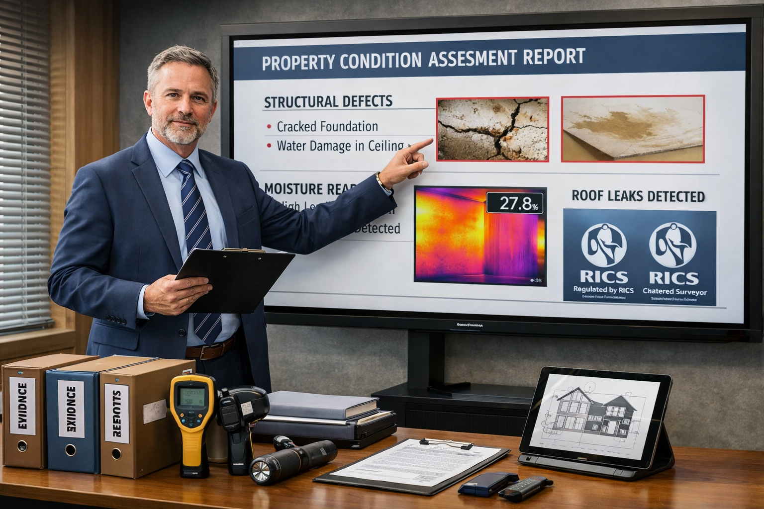 Detailed () image showing professional expert witness in business attire presenting evidence in modern consultation room,