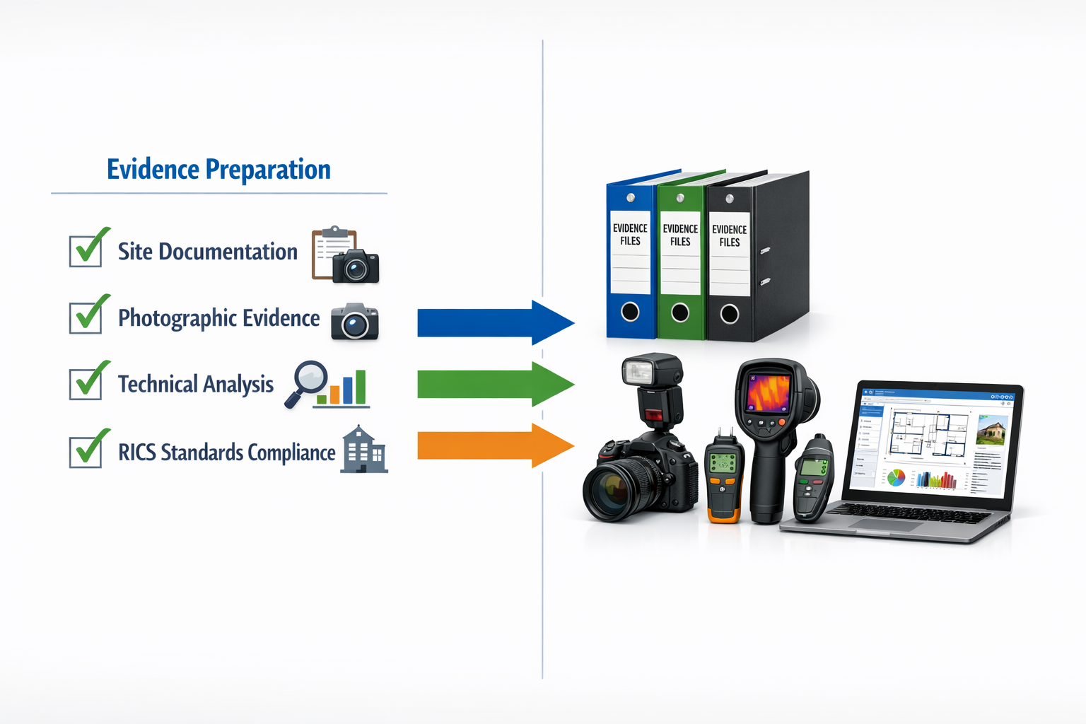 () split-screen infographic visualization showing evidence preparation workflow: left panel displays checklist with items