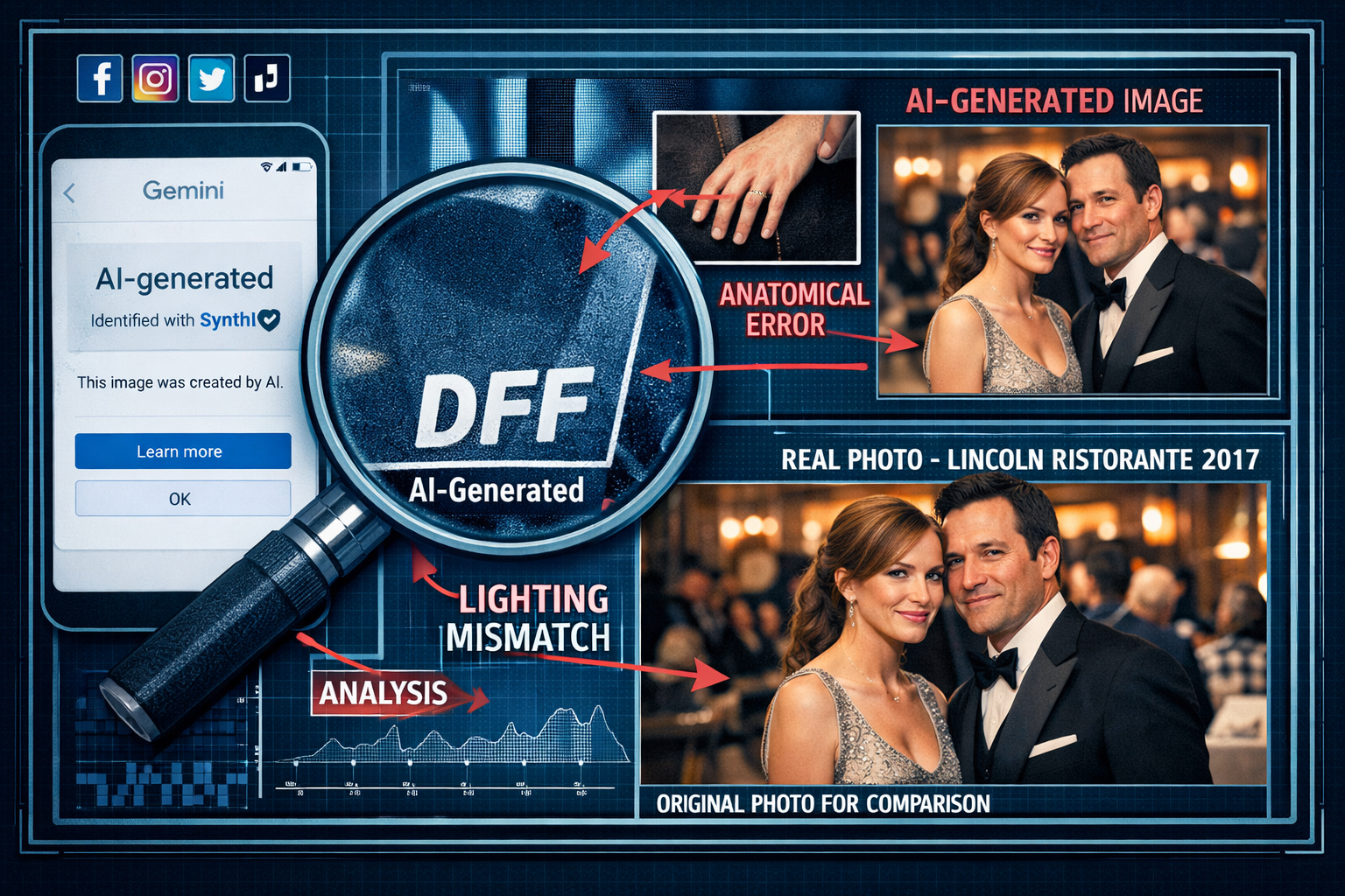 Detailed landscape format (1536x1024) image showing close-up forensic analysis of AI-generated photograph with visible technical markers. Ce