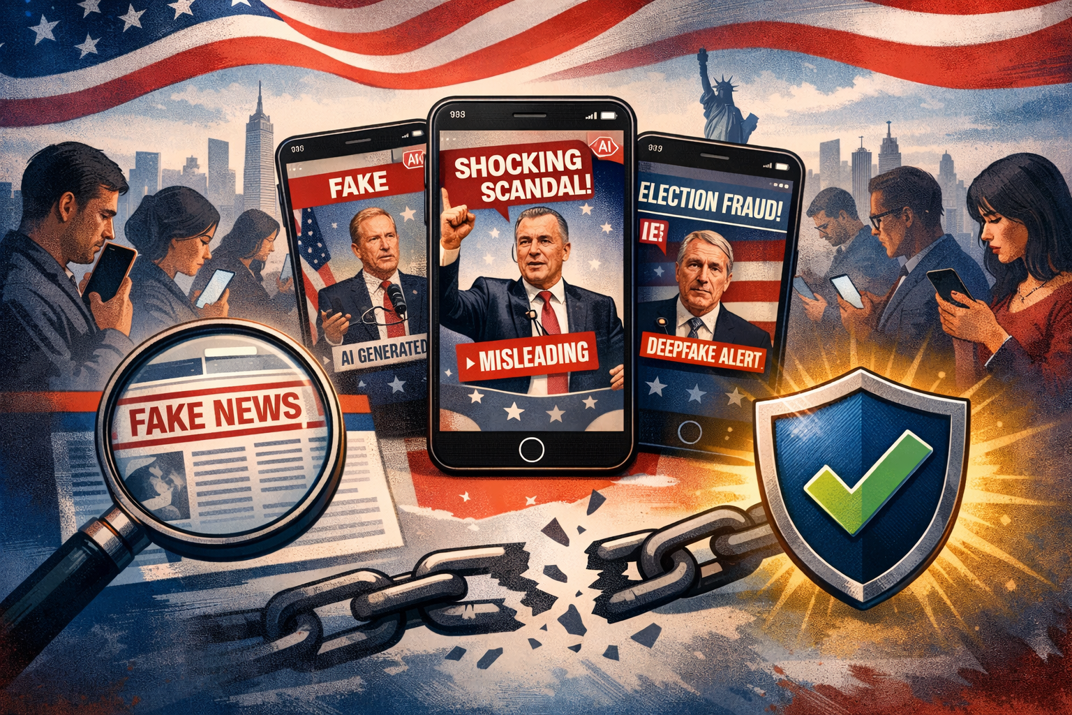 Detailed landscape format (1536x1024) conceptual illustration depicting the broader implications of AI misinformation in democratic processe