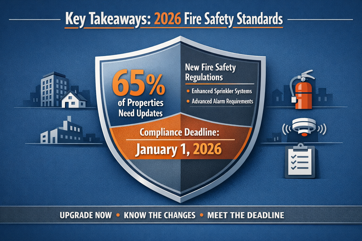 Key Takeaways infographic visualizing 2026 Fire Safety Standards, featuring a clean, authoritative design with bold typography. Central grap