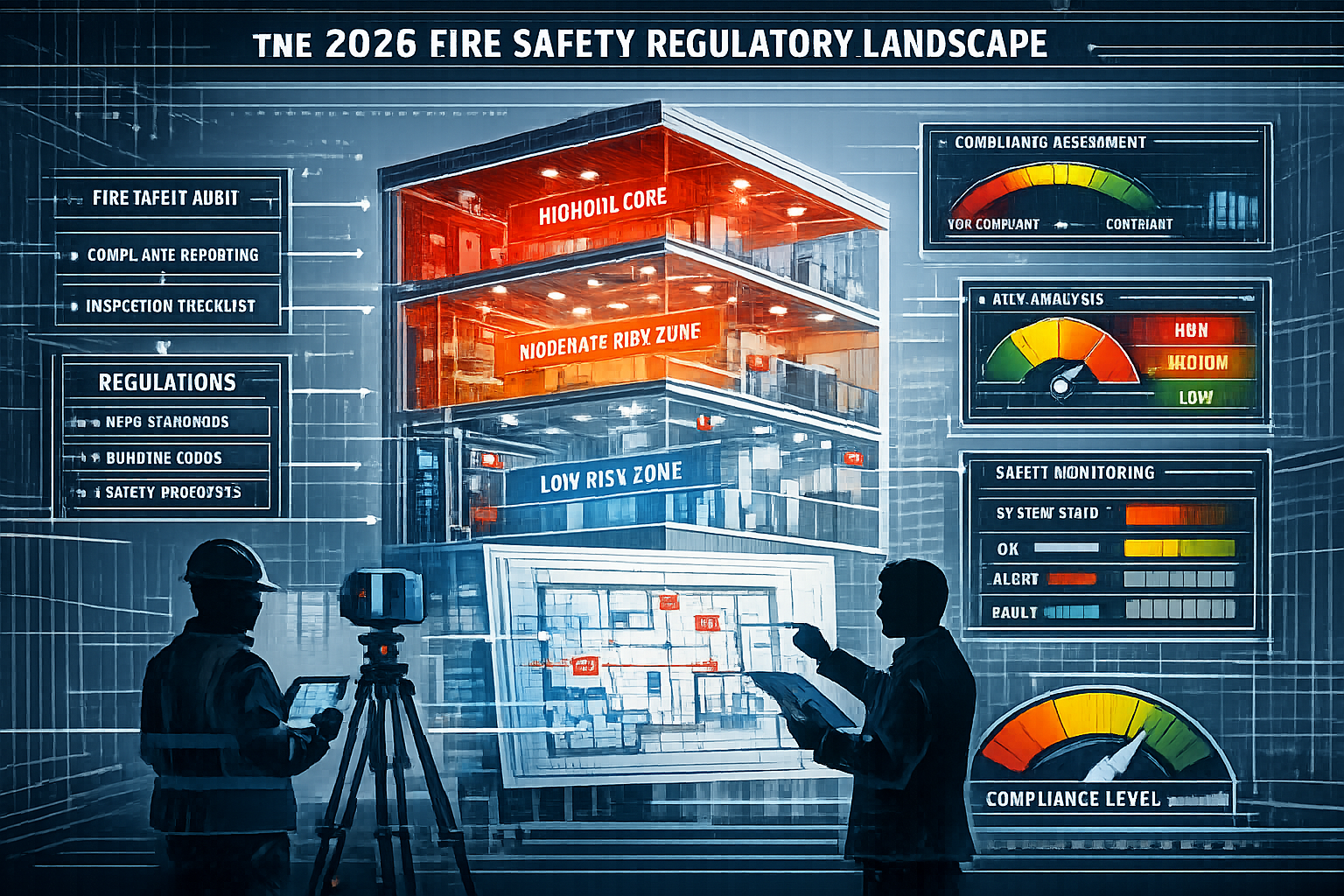 Landscape-oriented editorial illustration depicting the 2026 Fire Safety Regulatory Landscape, featuring a cutaway view of a multi-story bui