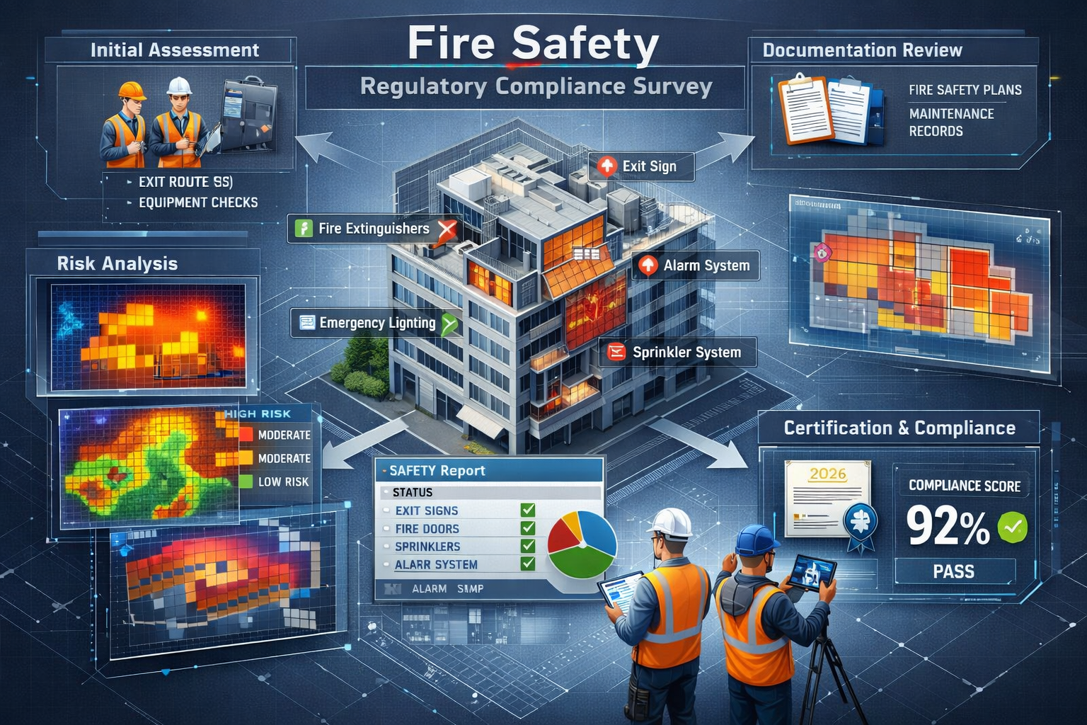 Professional survey and assessment visualization for Fire Safety Regulatory Compliance, showcasing a comprehensive workflow diagram. Central