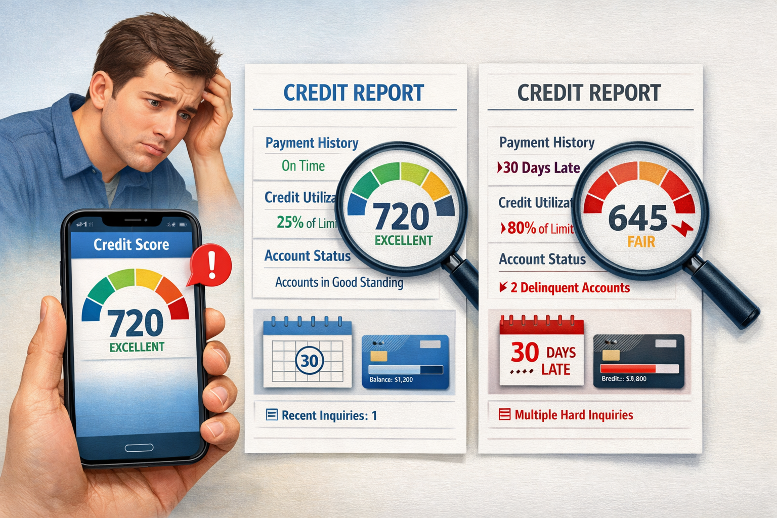 Cover Image Instructions (3:2) Create a clean illustration showing: a smartphone credit score app score falling from 720 → 645 a notificatio