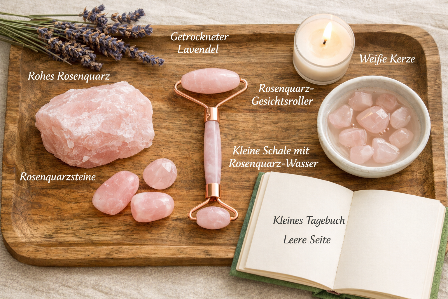 () showing a flat lay composition of rose quartz crystals in various forms: raw chunk, tumbled stone, facial roller, and a