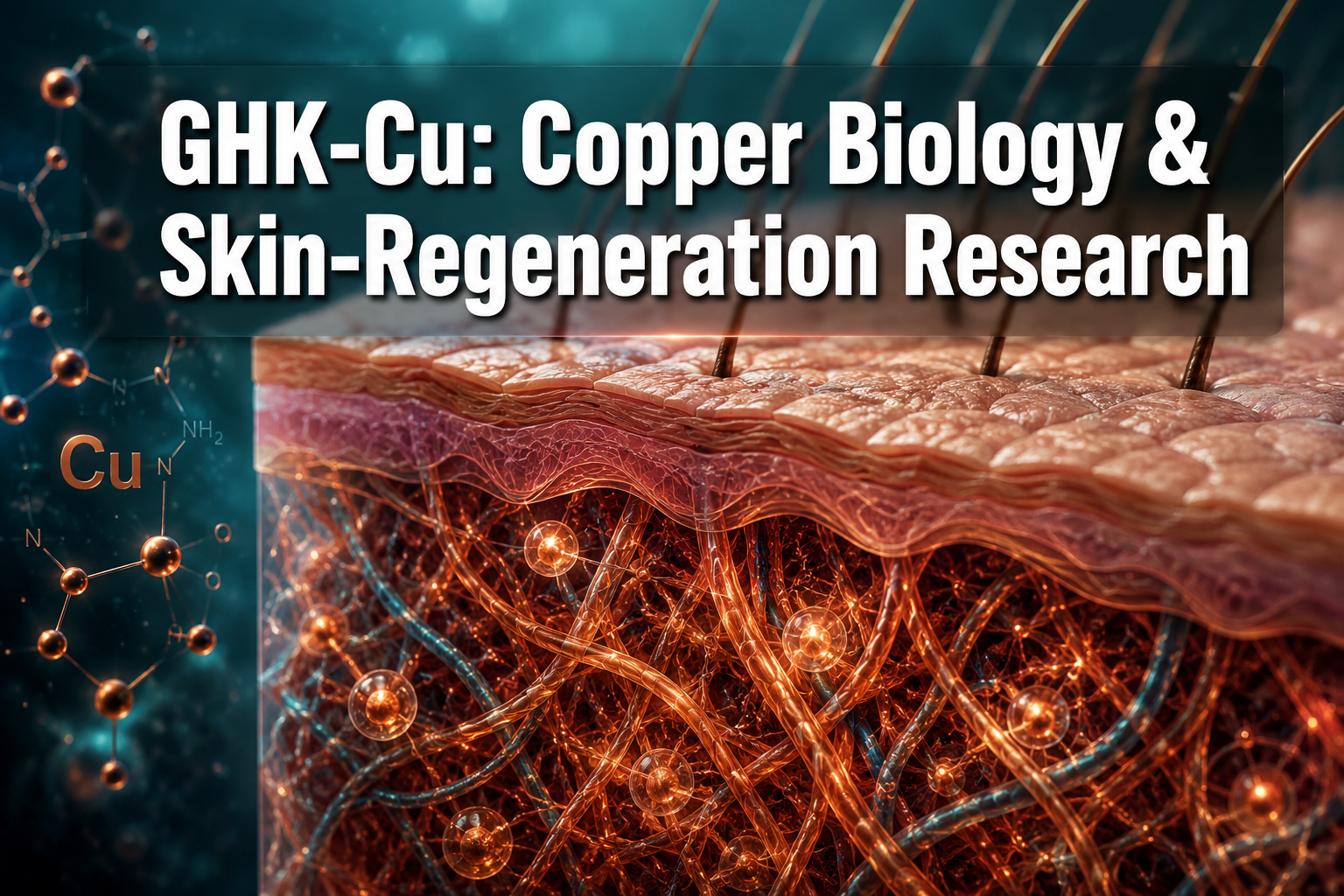 Professional () hero image with : 'GHK-Cu: Copper Biology & Skin-Regeneration Research' in extra large white with deep ,