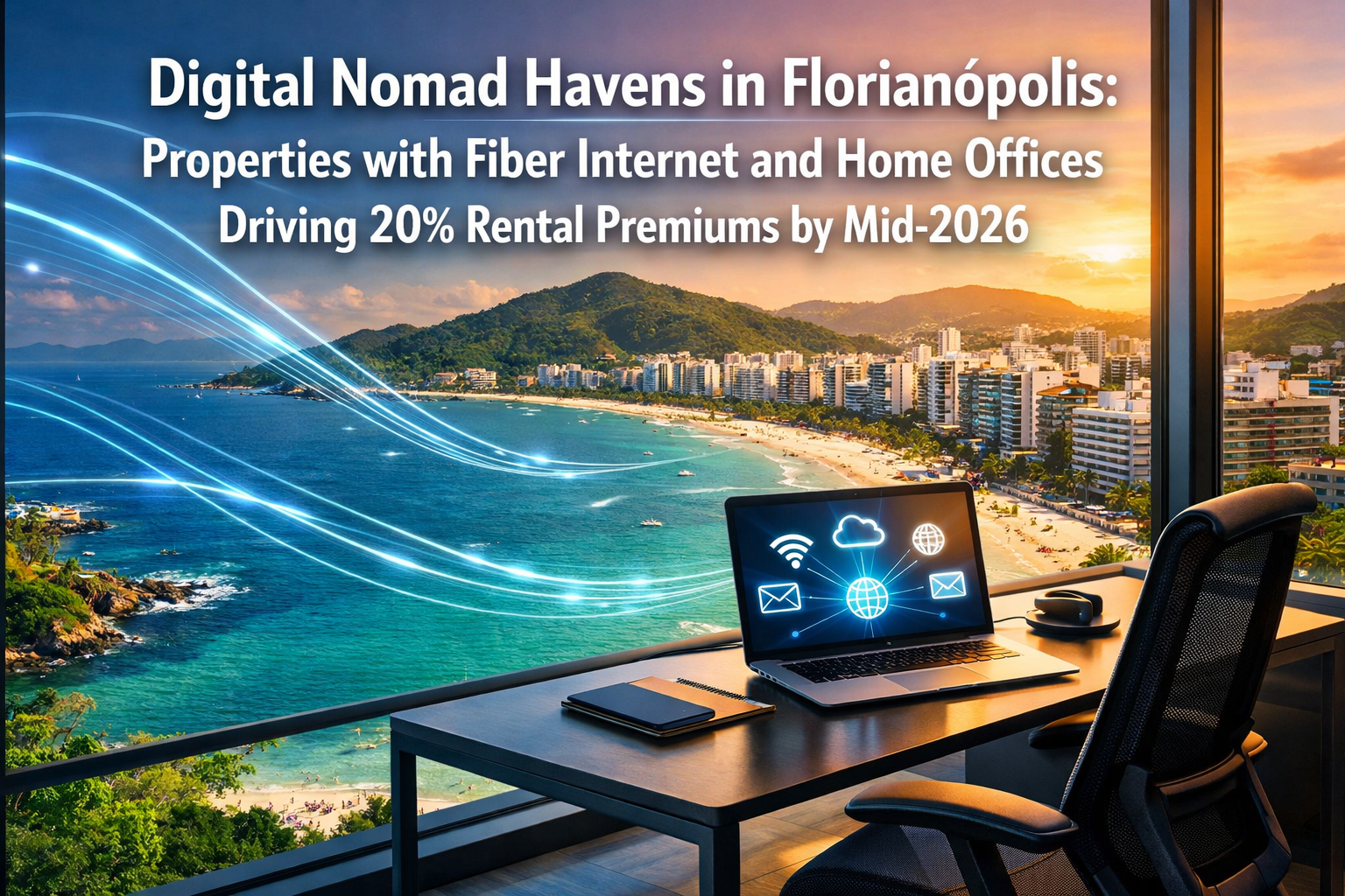 Professional landscape format (1536x1024) hero image featuring bold text overlay 'Digital Nomad Havens in Florianópolis: Properties with Fib