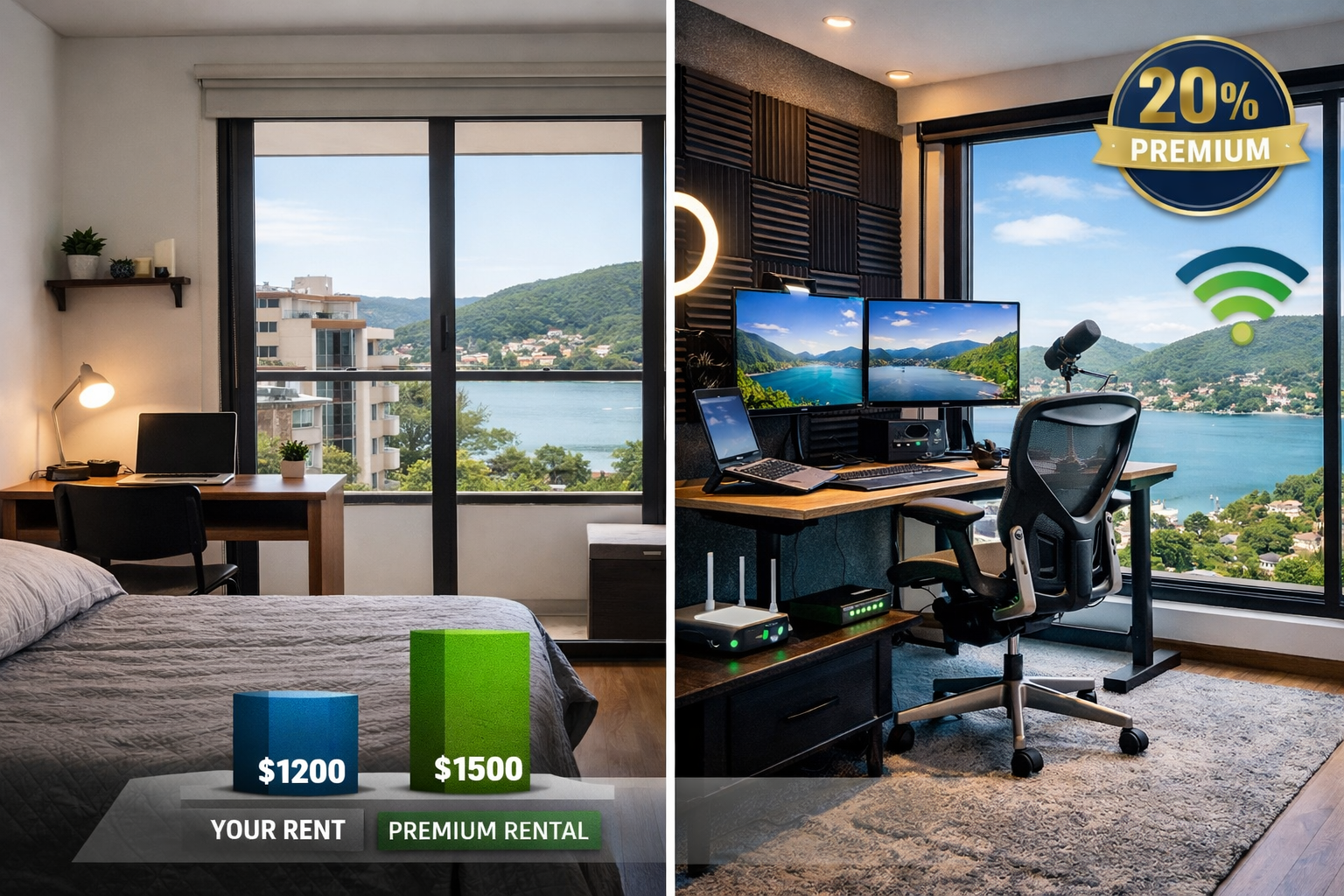 Detailed landscape format (1536x1024) image showing split-screen comparison of two rental properties in Florianópolis. Left side displays tr