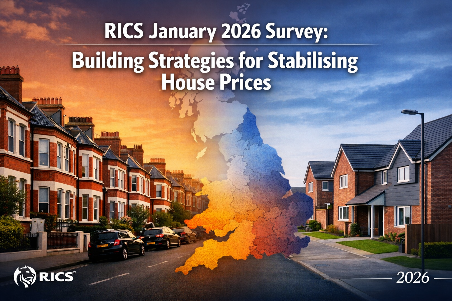 Professional () editorial hero image featuring white 'RICS January 2026 Survey: Building Strategies for Stabilising House