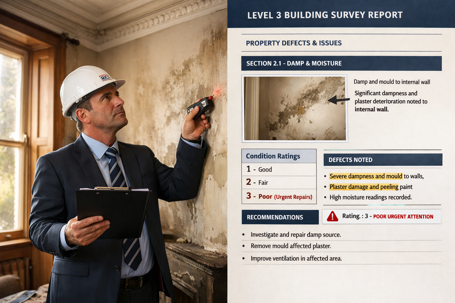 Detailed () conceptual image showing RICS chartered surveyor conducting Level 3 Building Survey inspection inside period