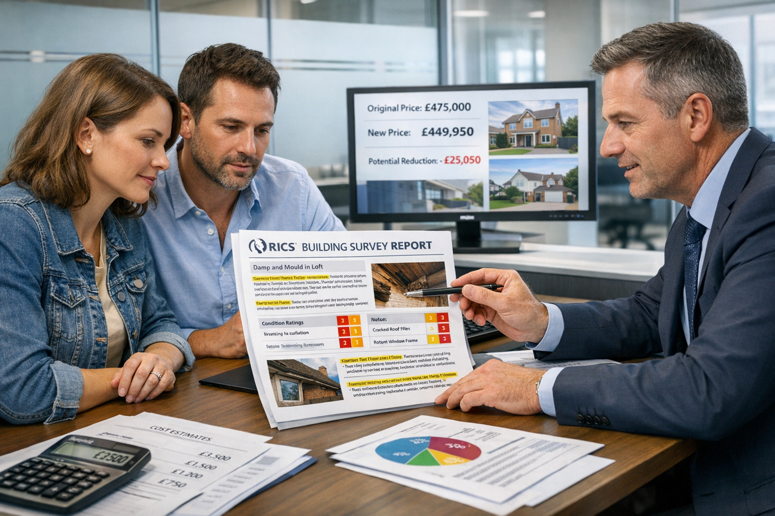 Detailed () professional office scene showing property negotiation meeting in modern estate agent office. Three people
