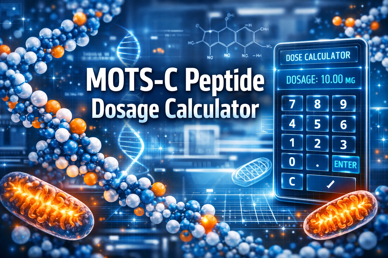 Professional landscape format (1536x1024) hero image with bold text overlay: 'MOTS-C Peptide Dosage Calculator', modern sans-serif 70pt whit