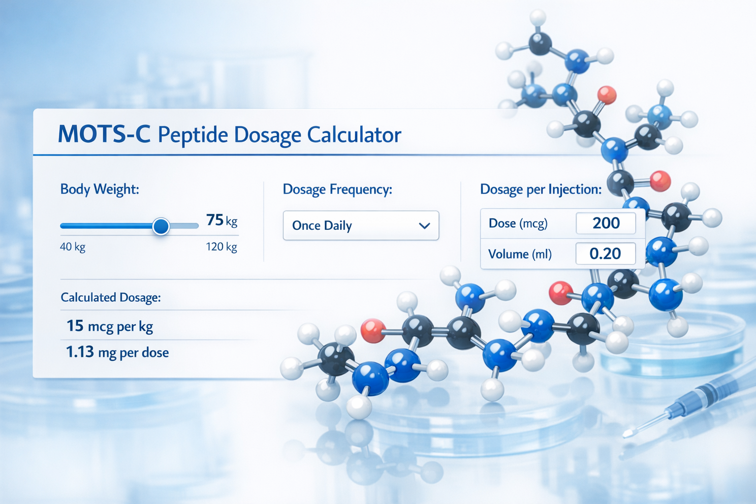 Detailed landscape format (1536x1024) image showing digital calculator interface with MOTS-C peptide dosage inputs including body weight sli