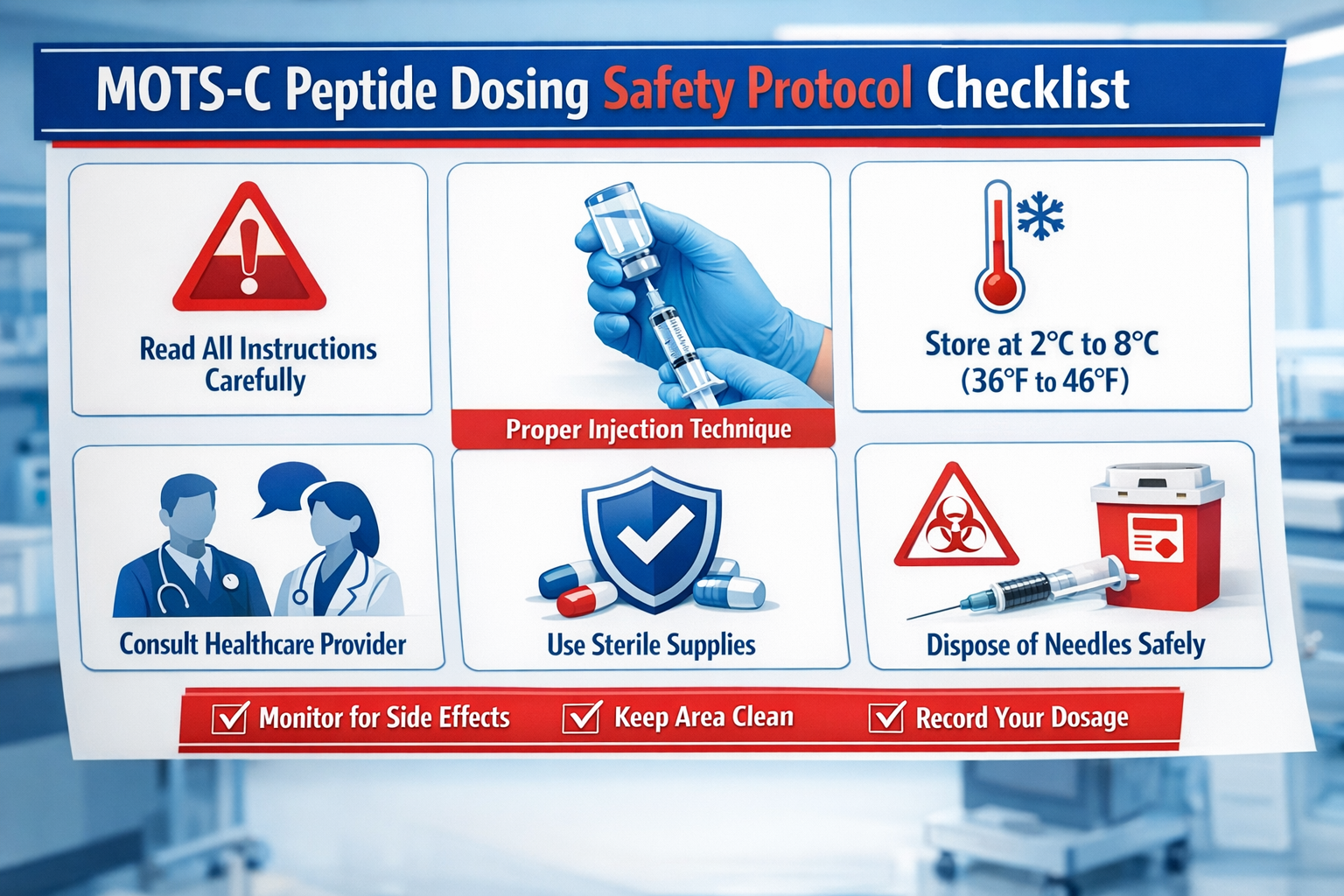Landscape format (1536x1024) image showing safety protocol checklist for MOTS-C peptide dosing with medical icons, warning symbols, proper i