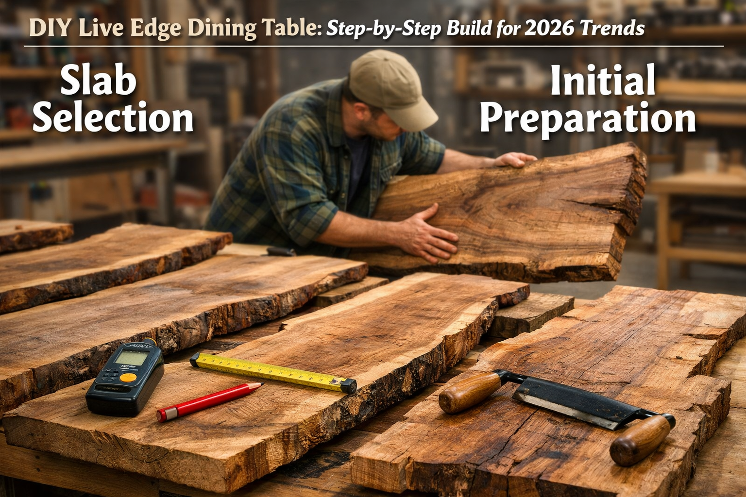 A detailed landscape format (1536x1024) image illustrating the initial stages of a DIY live edge dining table build. The foreground shows va