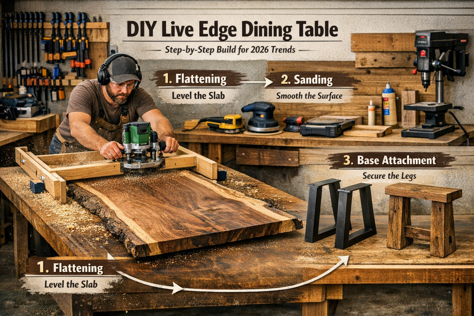 A comprehensive landscape format (1536x1024) image showcasing the fabrication and assembly of a DIY live edge dining table. The scene depict