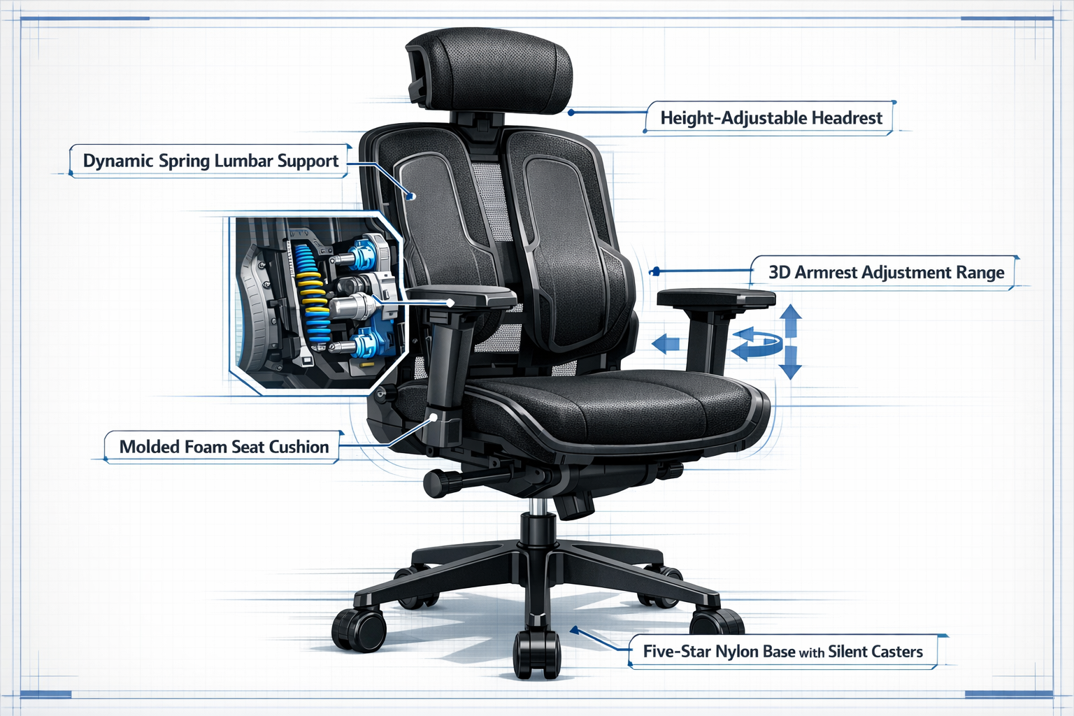 Digital illustration, graphic design style, Detailed landscape format (1536x1024) close-up product illustration of the Eureka Ergonomic Chair showing the dual-back frame structure with visible lumbar spring mechanism highlighted in a cutaway diagram style. Labels point to: dynamic spring lumbar support, 3D armrest adjustment range, height-adjustable headrest, molded foam seat cushion, and five-star nylon base with silent casters. Clean white background, technical blueprint aesthetic with blue accent lines, professional product engineering visual style, high contrast labels.