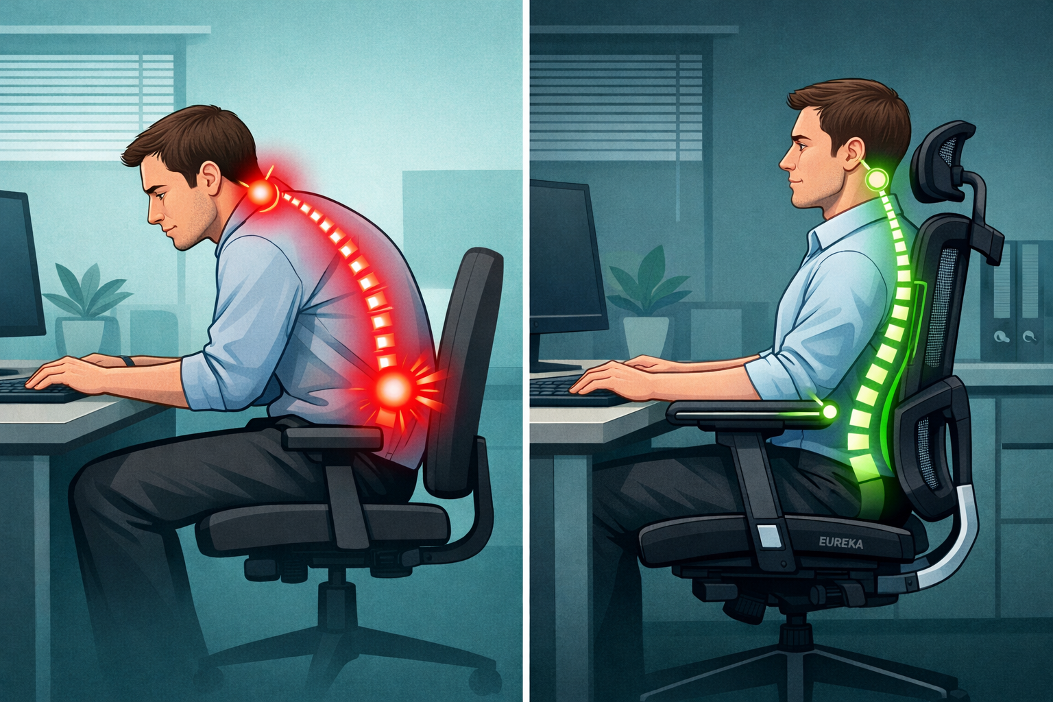 Digital illustration, graphic design style, Detailed landscape format (1536x1024) side-by-side comparison scene showing two seated office workers: left side shows a person slouching in a generic flat-back office chair with red pain indicators at lower back and neck; right side shows the same person sitting upright and relaxed in the Eureka Ergonomic Chair with green alignment indicators showing correct spinal curve, neutral neck position, and supported forearms on 3D armrests. Split composition, clean modern office background, professional infographic style, teal and charcoal color palette.