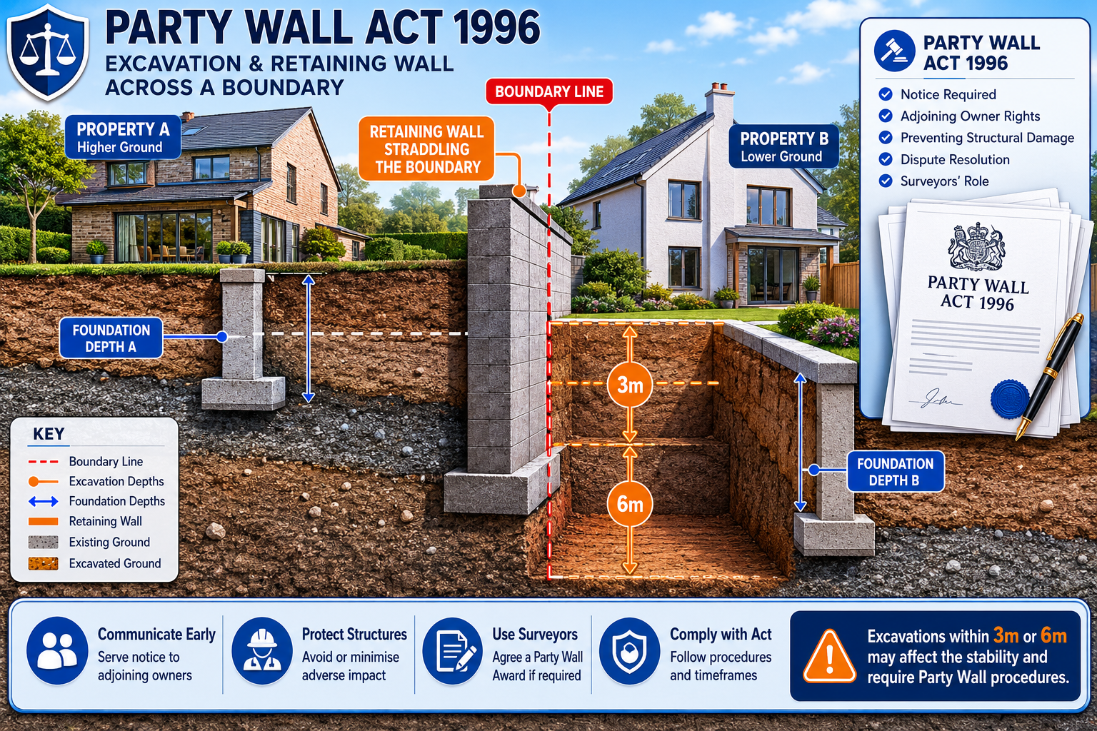 () editorial illustration showing a cross-section diagram of two adjoining residential properties with different ground